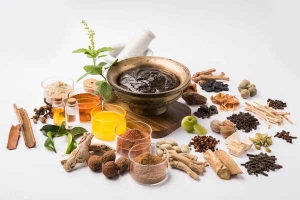 Indiska ayurvediska kosttillskott kallas Chyawanprash / chyavanaprasha är en kokta blandning av socker, honung, ghee, indiska krusbär (amla), sylt, sesamolja, bär, örter och olika kryddor — Stockfoto