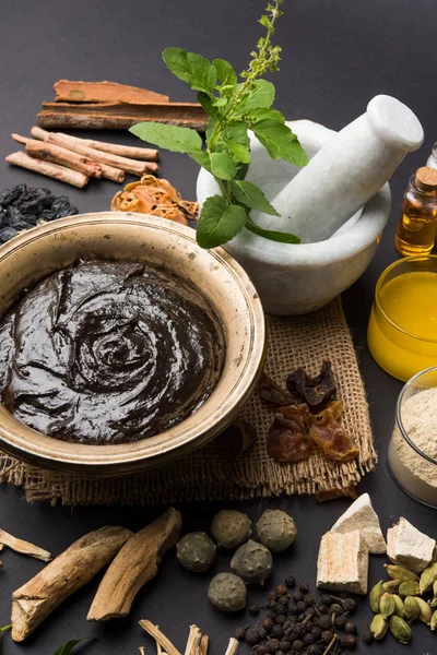 Indisches ayurvedisches Nahrungsergänzungsmittel namens chyawanprash / chyavanaprasha ist eine gekochte Mischung aus Zucker, Honig, Ghee, indischer Stachelbeere (amla), Marmelade, Sesamöl, Beeren, Kräutern und verschiedenen Gewürzen — Stockfoto