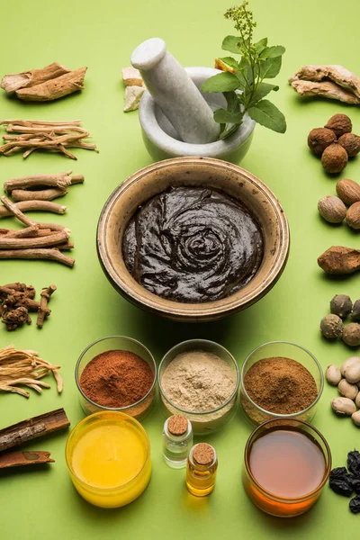 Suplemen makanan Ayurveda India yang disebut Chyawanprash / chyavanaprasha adalah campuran gula, madu, ghee, Gooseberry India (amla), selai, minyak wijen, buah beri, herbal dan berbagai rempah-rempah — Stok Foto