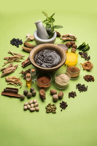 Suplemen makanan Ayurveda India yang disebut Chyawanprash / chyavanaprasha adalah campuran gula, madu, ghee, Gooseberry India (amla), selai, minyak wijen, buah beri, herbal dan berbagai rempah-rempah — Stok Foto