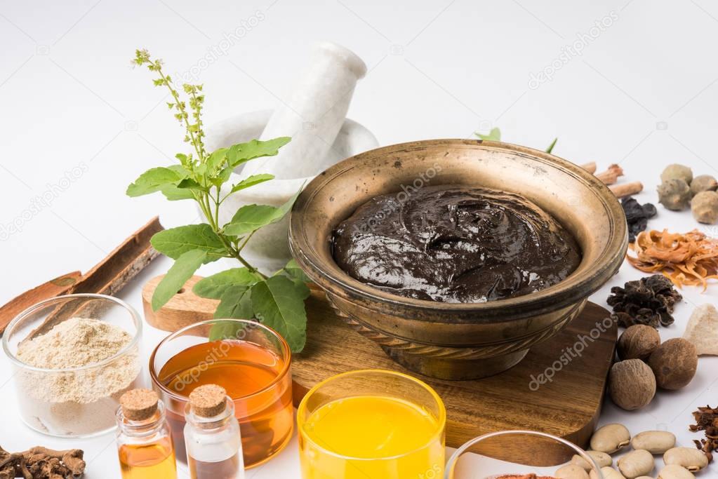 Indian Ayurvedic dietary supplement called Chyawanprash / chyavanaprasha  is a cooked mixture of sugar, honey, ghee, Indian Gooseberry (amla), jam, sesame oil, berries, herbs and various spices