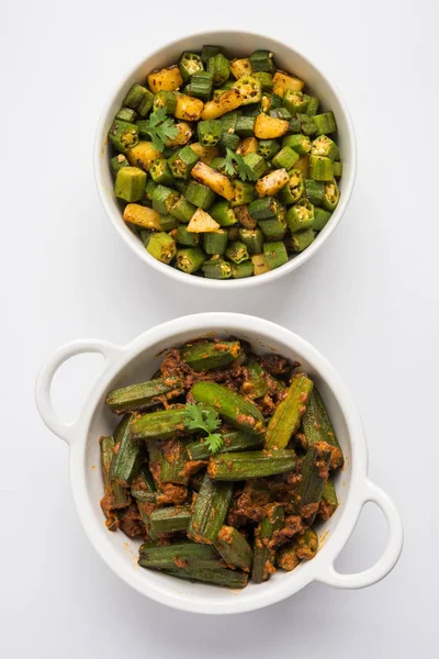 Bhindi veya bhendi veya bamya veya ladyfinger köri veya sabji, seçici odak Hint masala kızarmış