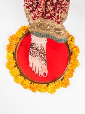 Gruha Pravesh / Gruhapravesh / Griha Pravesh, closeup picture of right feet of a Newly married Indian Hindu bride dipping her fit in a plate filled with liquid kumkum then stepping in husband's house clipart
