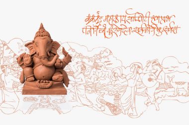 Ganapati or ganesh festival or Happy Ganesh Chaturthi Greeting Card showing photograph of lord ganesha idol with sanskrit shloka and illustration in the background clipart