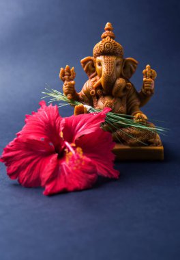 Lord ganesha Idol, pooja veya puja thali, bundi laddu/modak, durva ve ebegümeci veya jasvand çiçek mutlu Ganesh Chaturthi tebrik kartı gösteren fotoğrafı