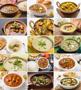 stock photo of collage of indian popular main course vegetable recipe best suitable for restaurant menu card design clipart
