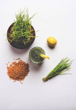 Ayurveda veya tıbbi buğday çimen suyu limon dilimi cam, seçici odak