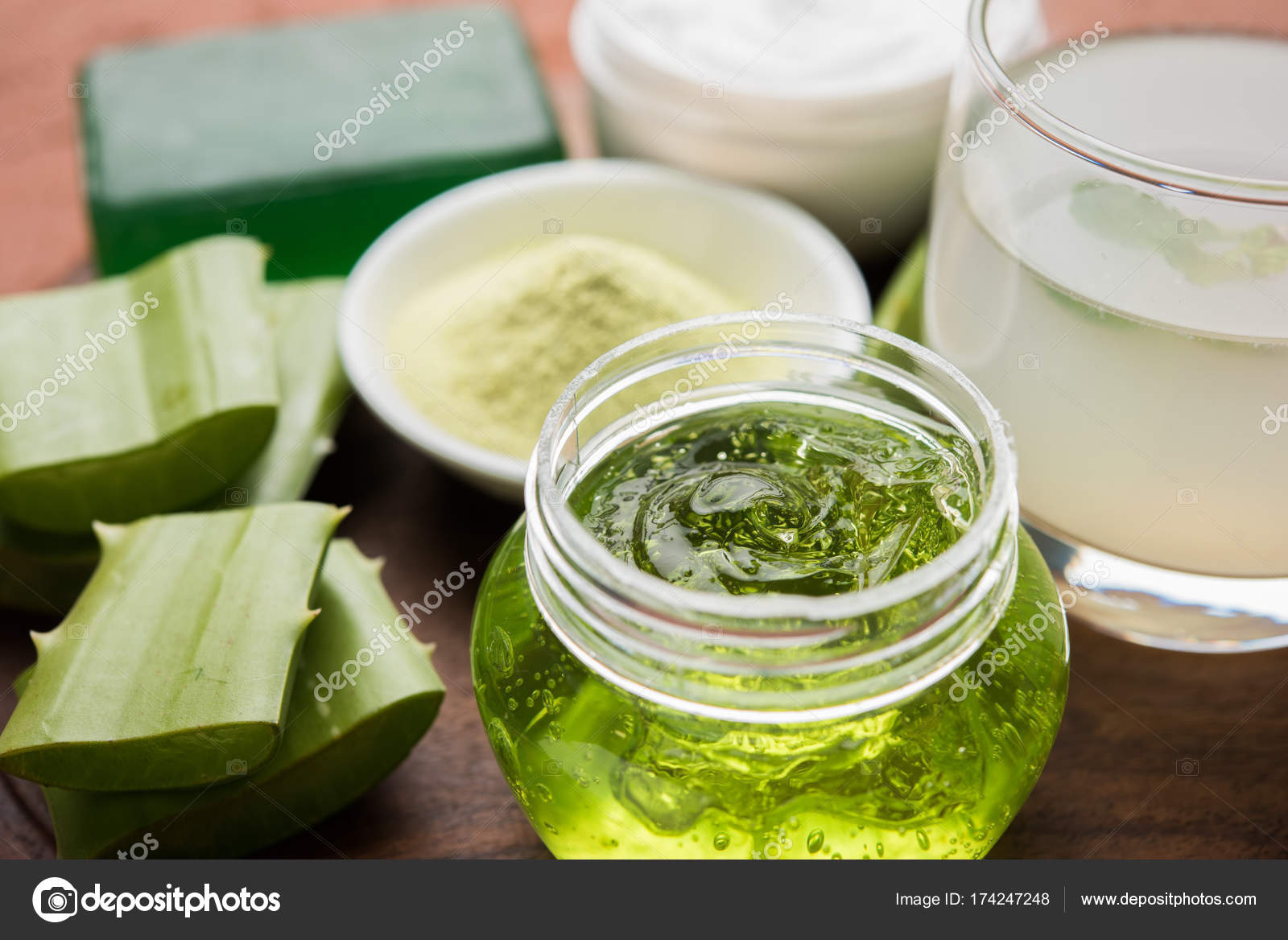 Aloe vera juice, gel, moisturising cream, soap and powder powder Stock