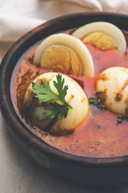 Anda köri veya yumurta köri veya yumurta masala sosu, Hint baharatlı yemek veya tarifi, servis naan, seçici odak veya roti
