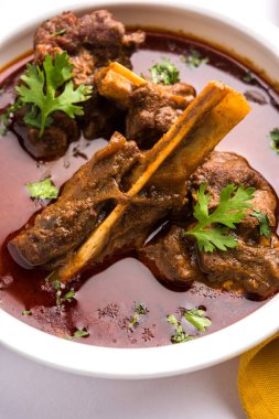 Koyun eti Masala veya Masala Gosht veya Hint kuzu rogan josh Naan veya Roti, seçici odak ile sunulan bazı baharat ile