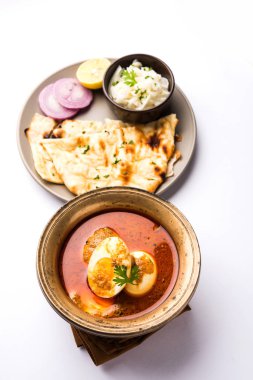 Anda köri veya yumurta köri veya yumurta masala sosu, Hint baharatlı yemek veya tarifi, servis naan, seçici odak veya roti