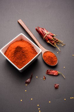Kırmızı renkli arka plan veya düz arka plan üzerinde kırmızı biber tozu yığını üzerinde kurutulmuş kırmızı biber ile bir kasede Chilly Powder
