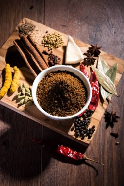 Hint baharat karışımı. Garam masala kazık beyaz kase veya beyaz arka planda. Seçici odak