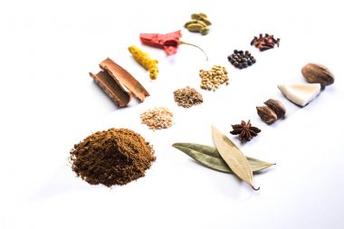 Hint baharat karışımı. Garam masala kazık beyaz kase veya beyaz arka planda. Seçici odak