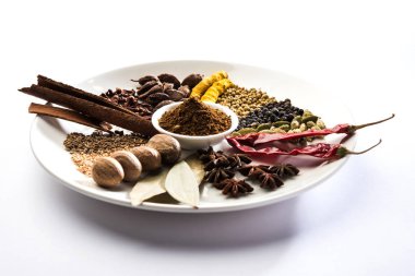 Hint baharat karışımı. Garam masala kazık beyaz kase veya beyaz arka planda. Seçici odak