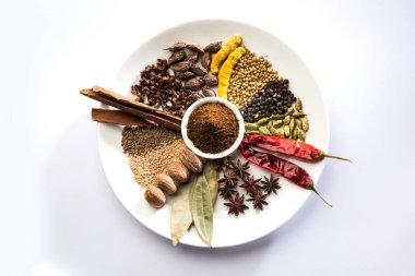 Hint baharat karışımı. Garam masala kazık beyaz kase veya beyaz arka planda. Seçici odak