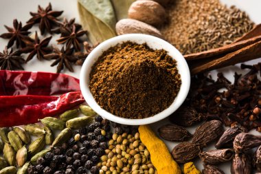 Hint baharat karışımı. Garam masala kazık beyaz kase veya beyaz arka planda. Seçici odak