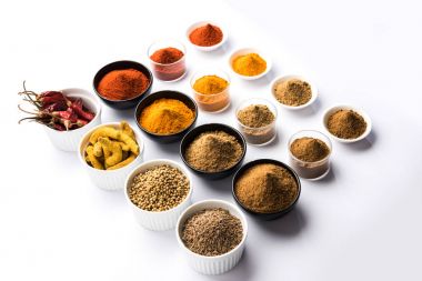 Hint renkli baharat. Dört temel Hint baharat çiğ kırmızı biber, zerdeçal, kişniş ve kimyon tozu gibi grup fotoğrafı. seçici odak