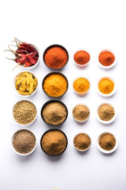 Hint renkli baharat. Dört temel Hint baharat çiğ kırmızı biber, zerdeçal, kişniş ve kimyon tozu gibi grup fotoğrafı. seçici odak