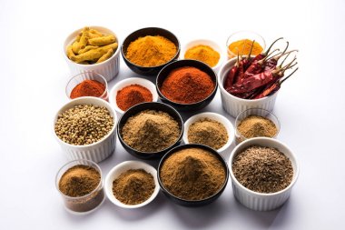 Hint renkli baharat. Dört temel Hint baharat çiğ kırmızı biber, zerdeçal, kişniş ve kimyon tozu gibi grup fotoğrafı. seçici odak