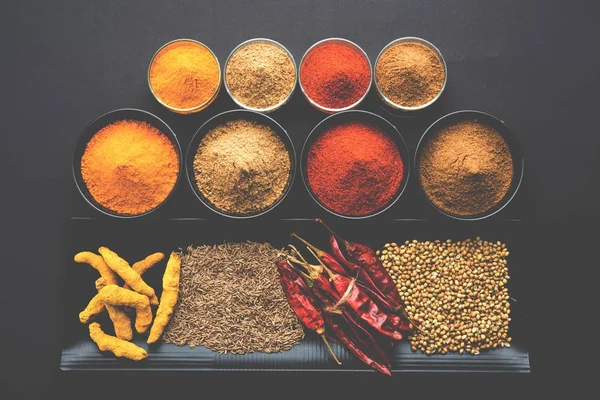 Hint renkli baharat. Dört temel Hint baharat çiğ kırmızı biber, zerdeçal, kişniş ve kimyon tozu gibi grup fotoğrafı. seçici odak