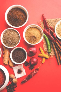 Ham Hint baharat toz kırmızı, sarı veya yeşil arka plan, seçici odak üzerinde