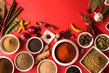 Ham Hint baharat toz kırmızı, sarı veya yeşil arka plan, seçici odak üzerinde