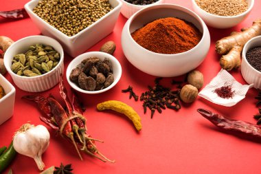 Ham Hint baharat toz kırmızı, sarı veya yeşil arka plan, seçici odak üzerinde