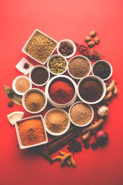 Ham Hint baharat toz kırmızı, sarı veya yeşil arka plan, seçici odak üzerinde