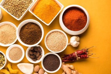 Ham Hint baharat toz kırmızı, sarı veya yeşil arka plan, seçici odak üzerinde