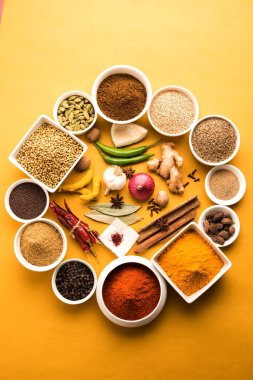 Ham Hint baharat toz kırmızı, sarı veya yeşil arka plan, seçici odak üzerinde