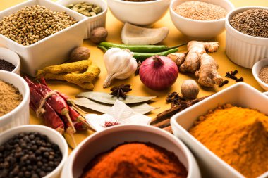 Ham Hint baharat toz kırmızı, sarı veya yeşil arka plan, seçici odak üzerinde