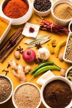 Ham Hint baharat toz kırmızı, sarı veya yeşil arka plan, seçici odak üzerinde