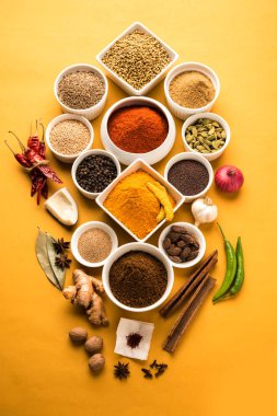 Ham Hint baharat toz kırmızı, sarı veya yeşil arka plan, seçici odak üzerinde