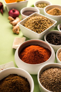 Ham Hint baharat toz yeşil arka plan, seçici odak üzerinde