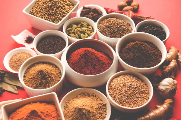 Raw Indian Spice Powder over red, yellow or green background, selective focus