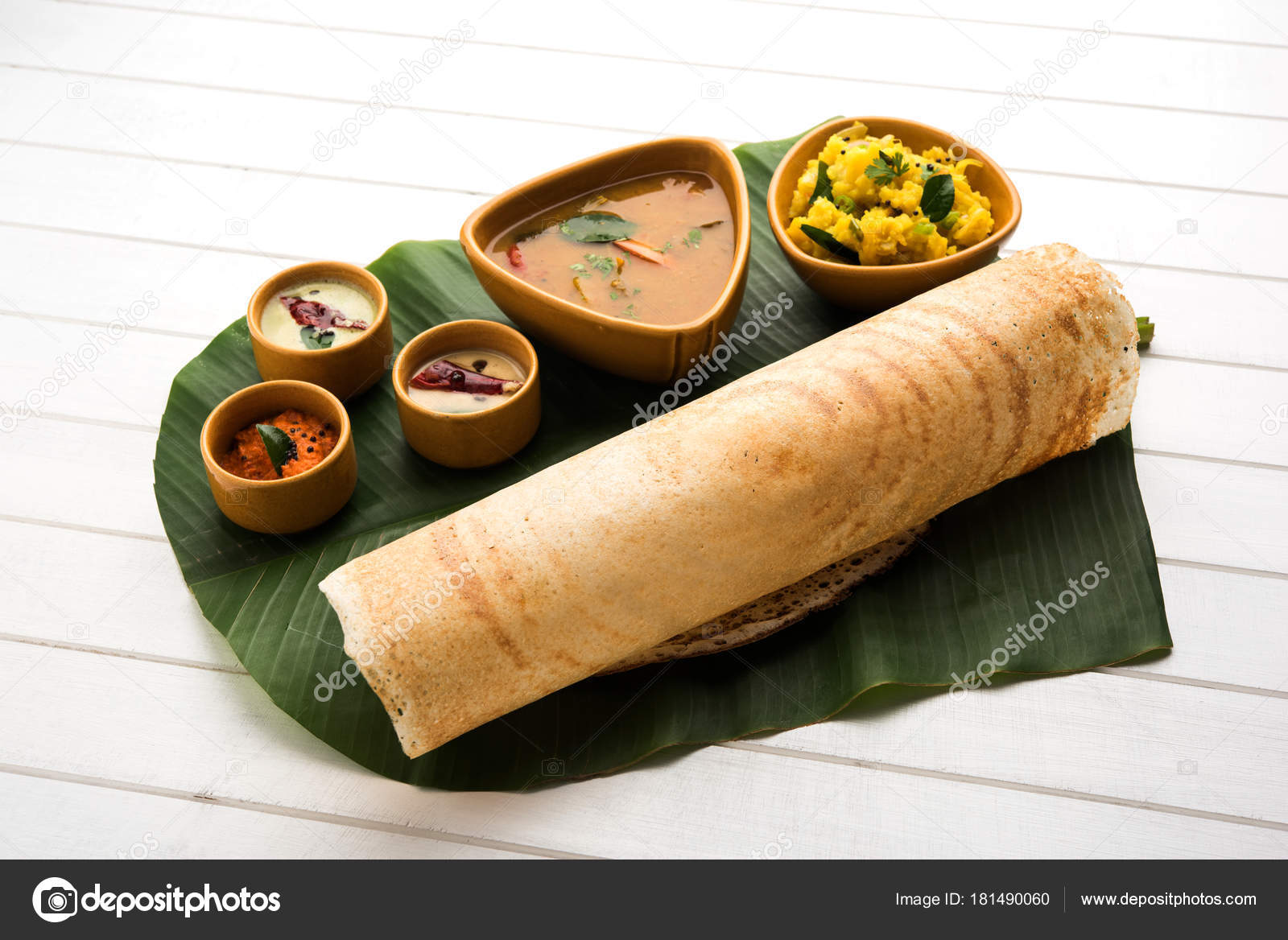 Masala Dosa Chutney Sambar Potato Sabzi Cone Triangle Roll Shape Stock