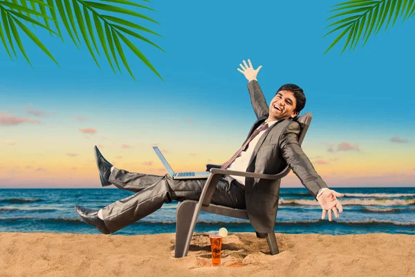 Indian businessman relaxing on beach with cold drinks or laptop, beach ball, talking on phone or with hands spread