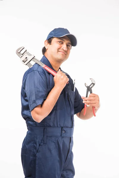 Indian Plumber Action Pipe Wrench Plumbing Spanner Standing Isolated White — Stock Photo, Image