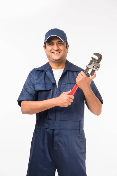 Indian Plumber Action Pipe Wrench Plumbing Spanner Standing Isolated White — Stock Photo, Image