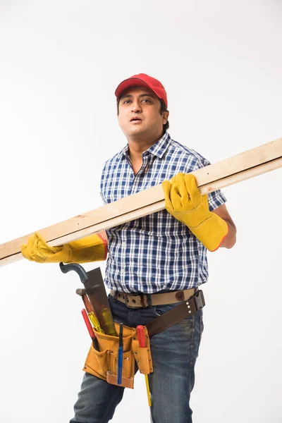 Handsome Indian Carpenter Wood Worker Action Isolated White Background — Stock Photo, Image