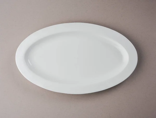 Empty White Ceramic Oval Rectangular Plate Isolated White Background — Stock Photo, Image