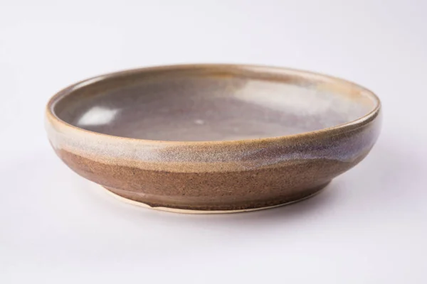 Empty Brown Ceramic Serving Bowl Isolated White Gray Background — Stock Photo, Image
