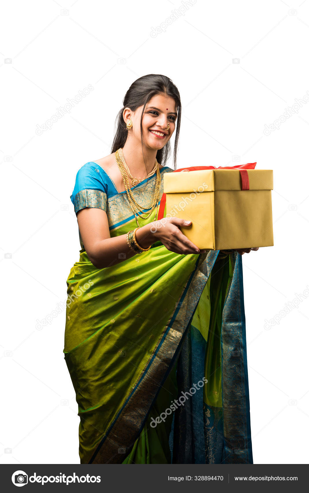 Indian Woman Saree Holding Gift Box While Standing White