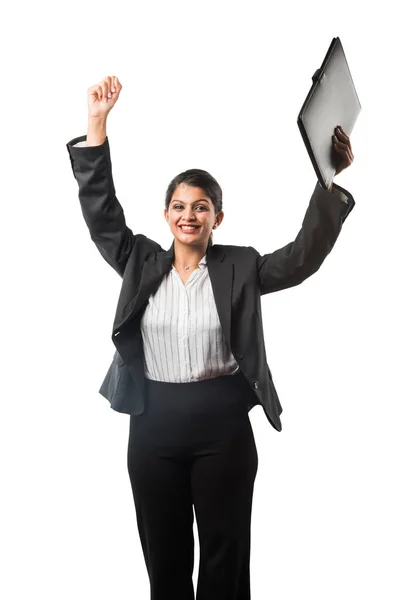 Indian Asian Business Woman File Folder Standing Isolated White Background — Stock Photo, Image