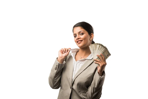 Indian Business Woman Money Fan Standing Isolated White Background Suit — Stock Photo, Image