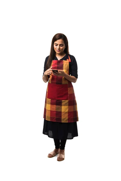 Indian Woman Female Chef Apron Using Smartphone While Standing Isolated — 스톡 사진