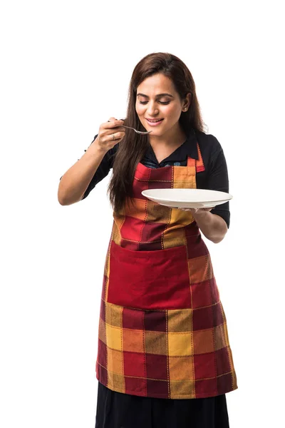 Indian Woman Chef Wearing Apron Holding Empty Dinner Plate Different — 스톡 사진