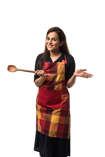Indian Asian Woman Chef Wearing Apron Holding Wooden Spatula While — Stock Photo, Image