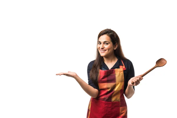 Indian Asian Woman Chef Wearing Apron Holding Wooden Spatula While — 스톡 사진